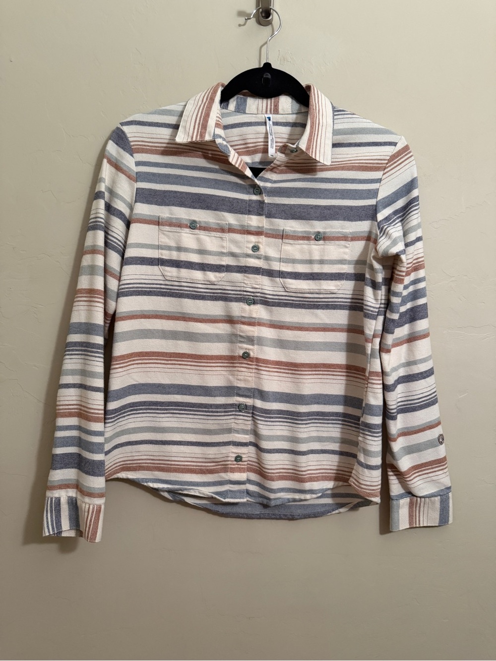 KÜHL Women’s XS Striped Button Front Flannel Shirt Cream Blue Rust Long Sleeve
